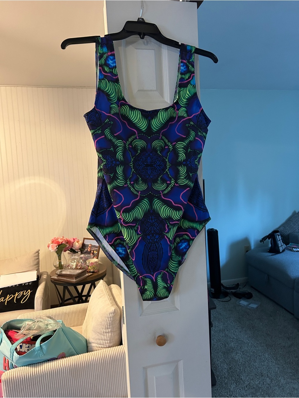 Vibrant Psychedelic One-Piece Swimsuit - Blue & Green